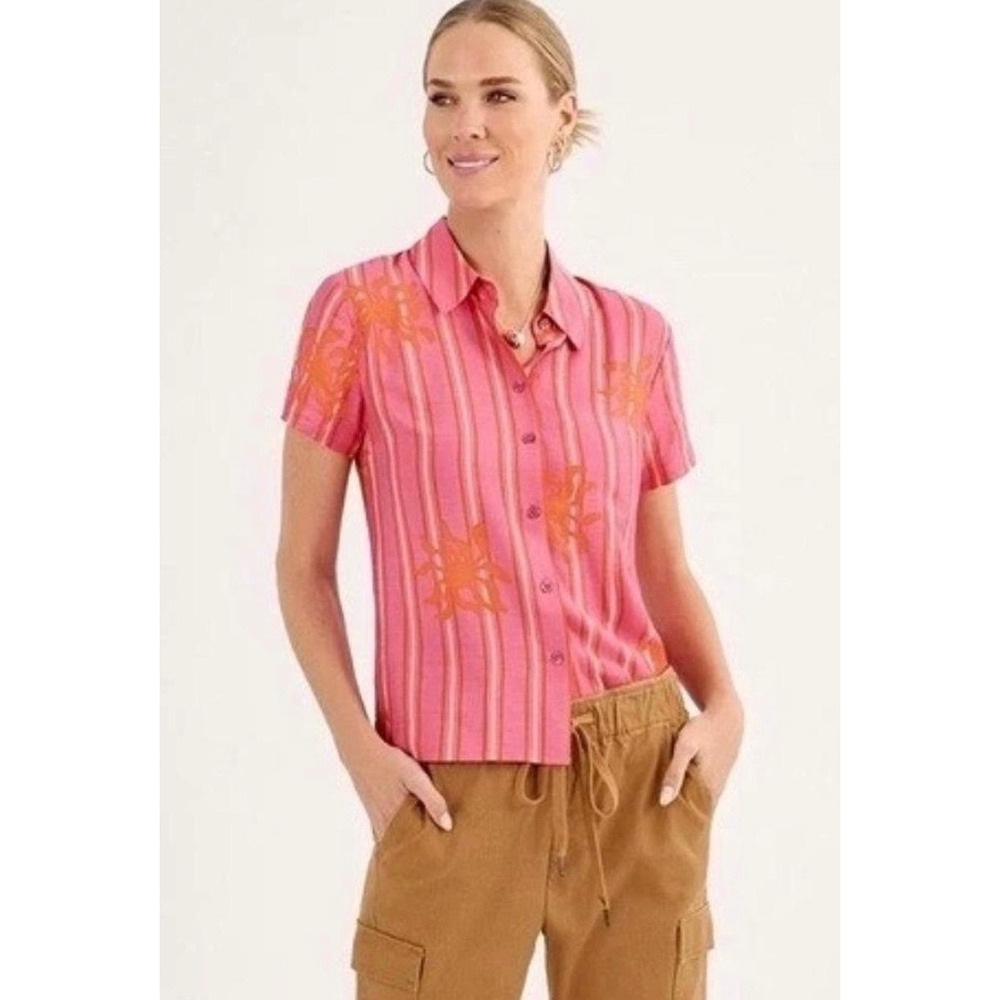 Cabi Pink Orange Solstice Striped Short Sleeve Button Down Shirt Womens Medium